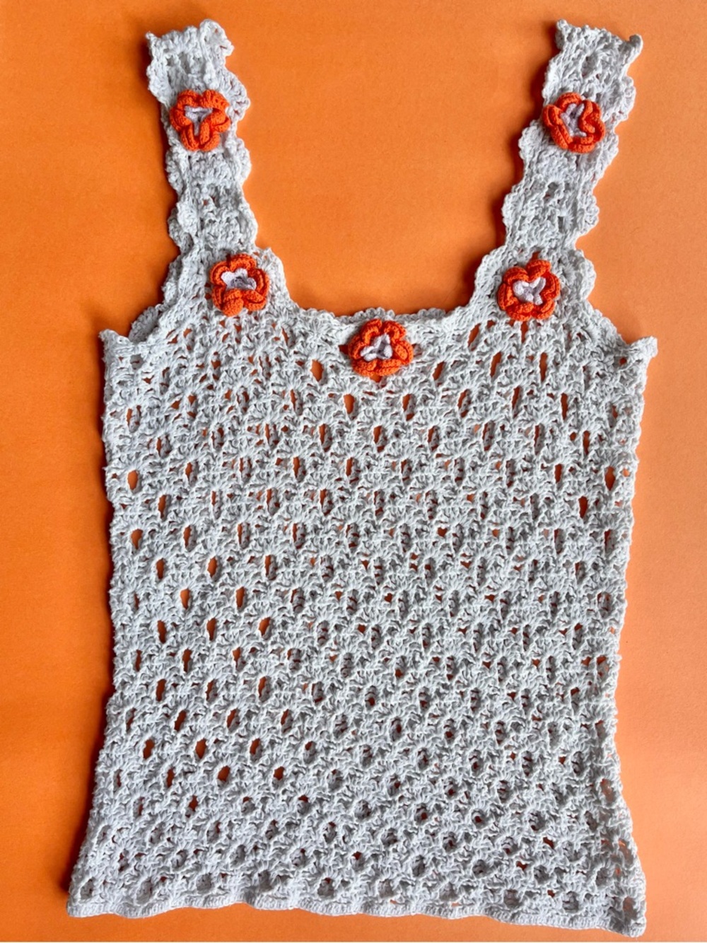 Hand-Crocheted Cream Tank Top with Orange Flower Accents